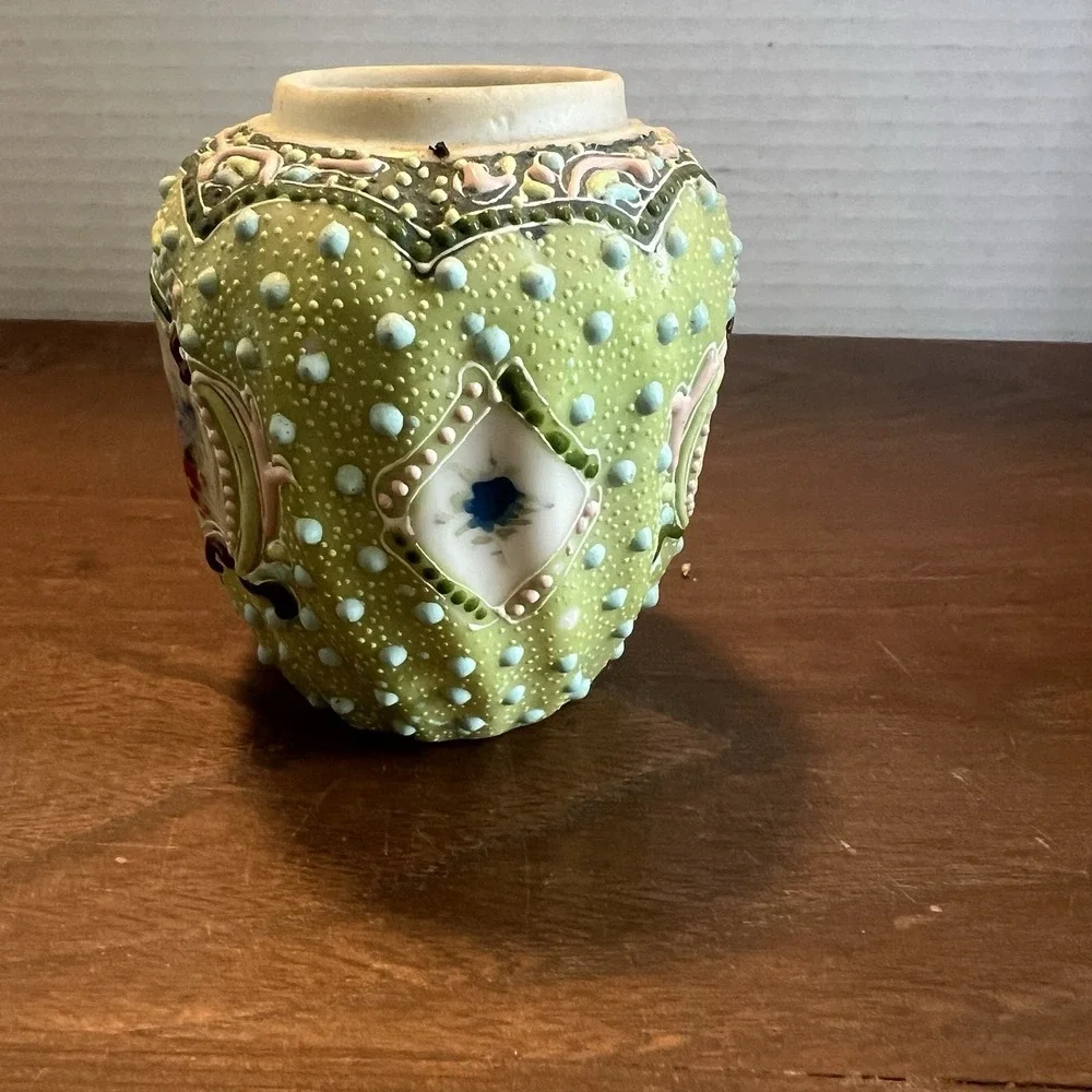 Antique Nippon Moriage Vase Hand Painted Floral Celadon Green Porcelain 3.25
